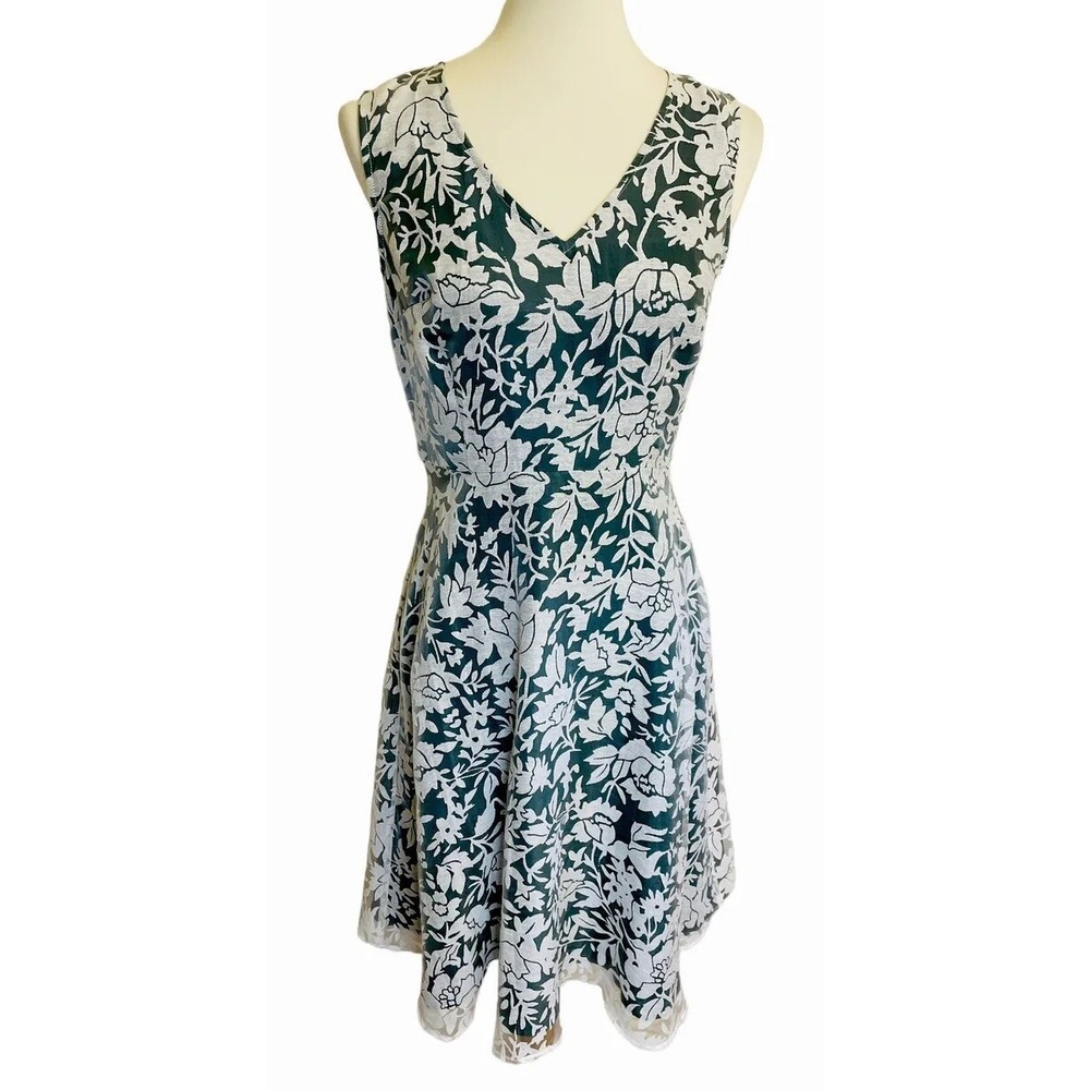 Lace & Mesh Fit and Flare Dress Womens Medium Teal Green White Floral Lace